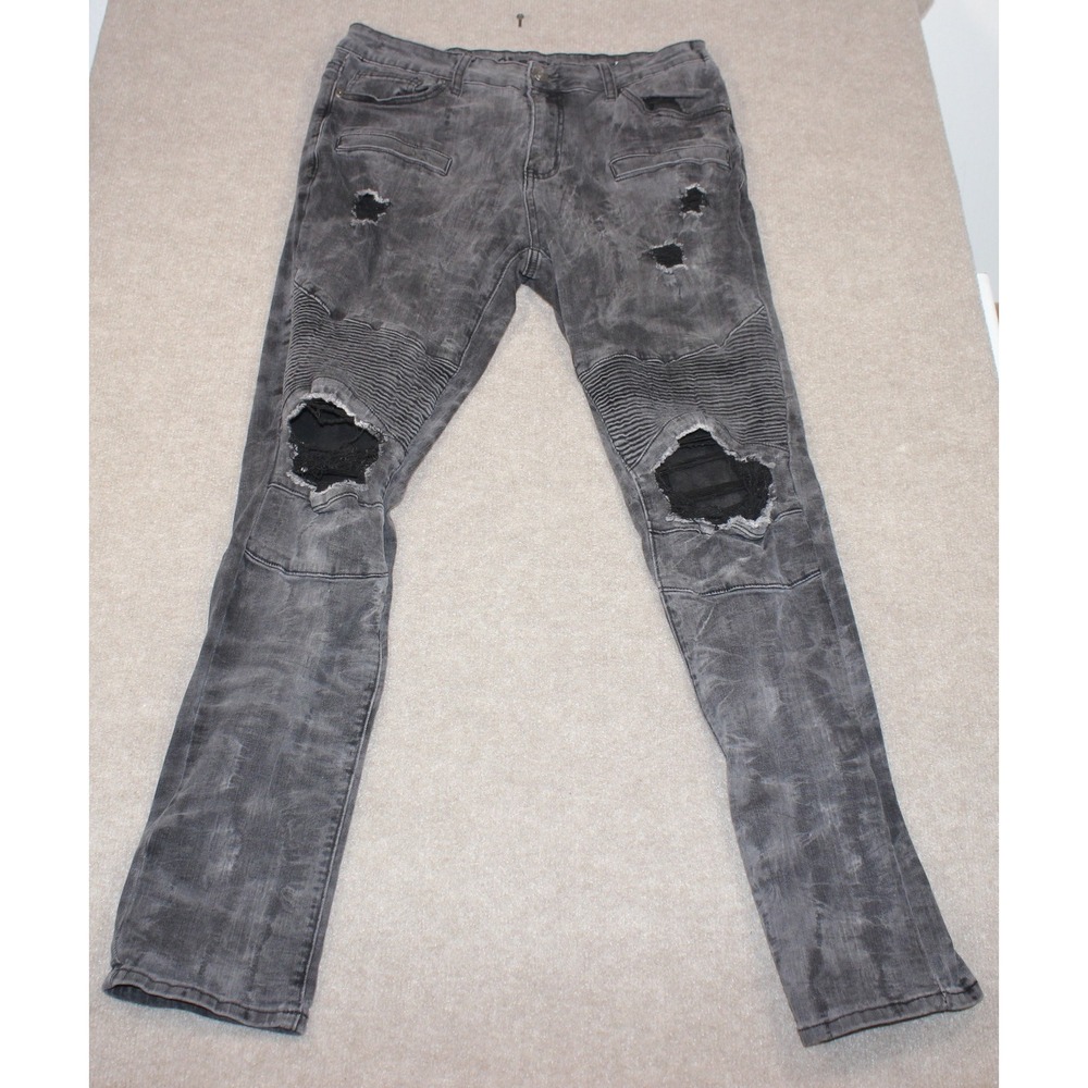 Rue21 Premium Mens Skinny Supreme Flex Moto Jeans Gray Distressed 34x32